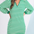 Grün gestreiftes Kontrastkragen-Minikleid mit langärmligem Split Neck - Foto 1
