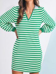 Green Striped Contrast Collar Split Neck Long Sleeve Mini Dress - Miniatuur