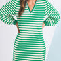 Green Striped Contrast Collar Split Neck Long Sleeve Mini Dress