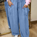 Beau Blue Drawstring Elastic Waist Pocketed Loose Denim Pants - Damesmode Afbeelding 4 - Foto 4