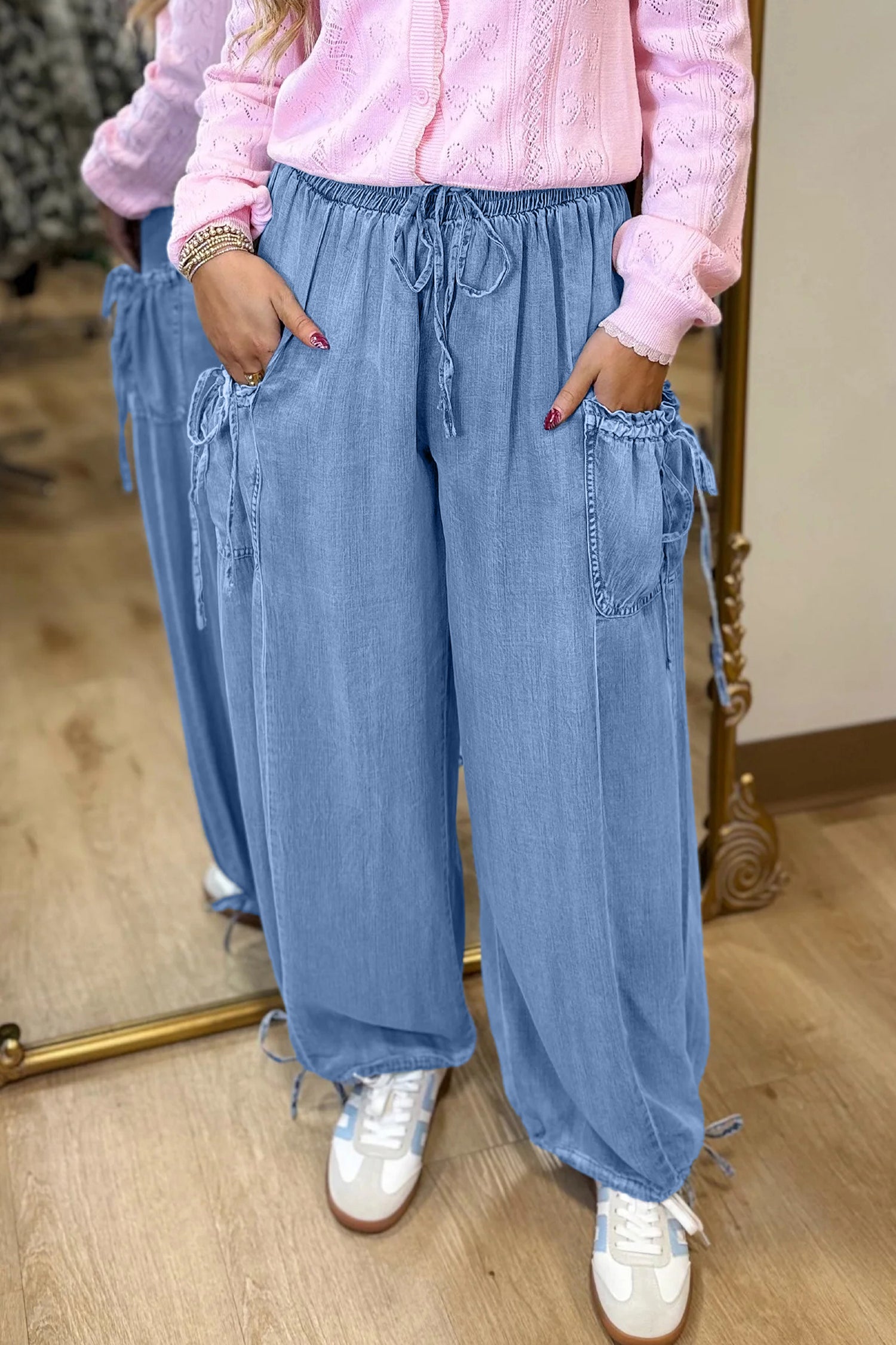 Beau Blue Drawstring Elastic Waist Pocketed Loose Denim Pants - Damesmode Afbeelding 4