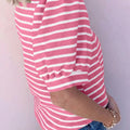 Black Stripe Short Puff Sleeve Color Block Polo Collar Blouse - Damesmode Afbeelding 6 - Foto 6