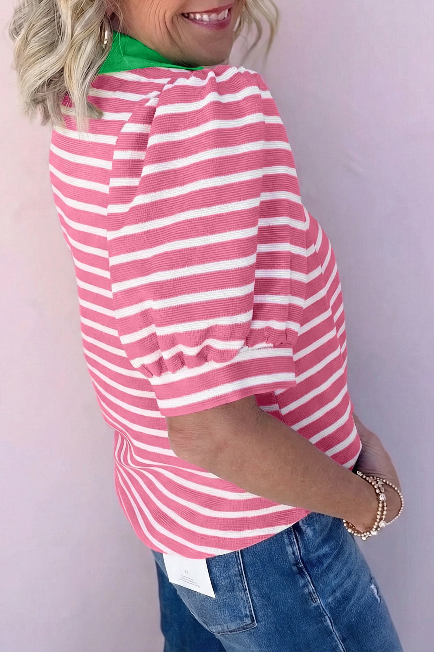 Black Stripe Short Puff Sleeve Color Block Polo Collar Blouse - Damesmode Afbeelding 6