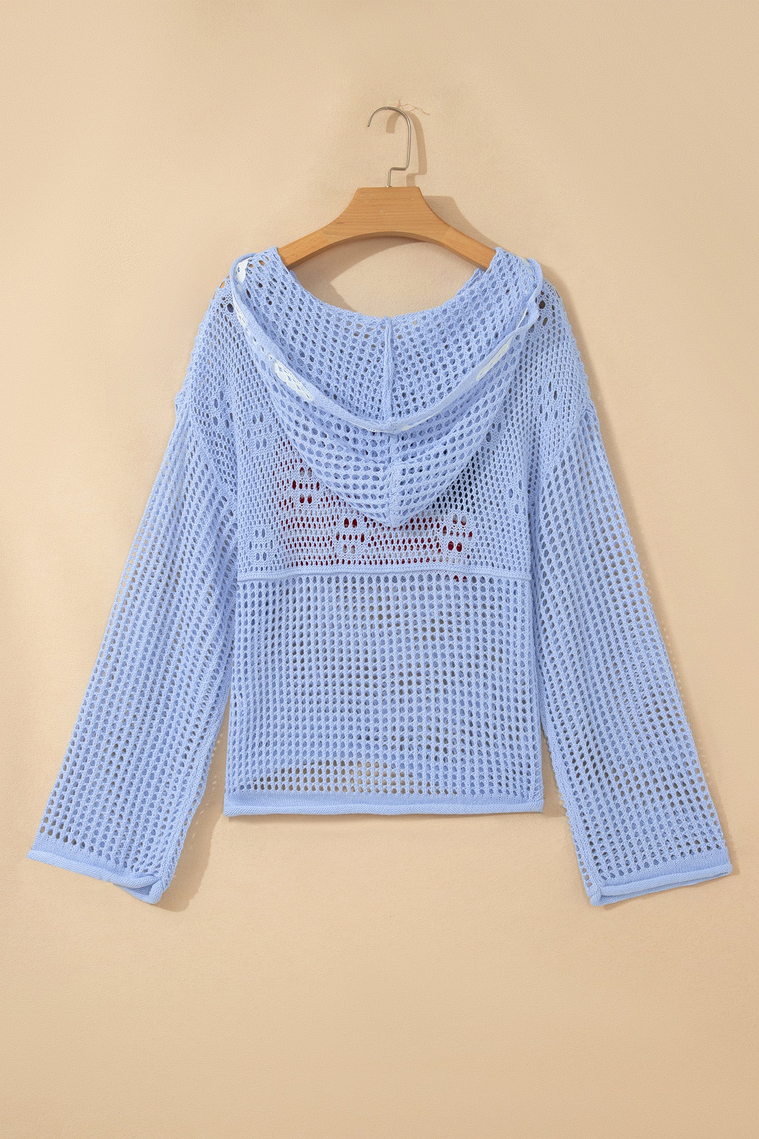 Beau Blue Hollow Out Crochet Knit American Flag Patched Sweater Hoodie - Damesmode Afbeelding 4