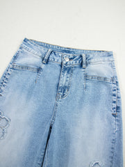 Beau Blue Flower Patched Light Wash Cropped High Waist Barrel Jeans - Damesmode Afbeelding 6 - Miniatuur