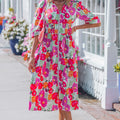 Rose Vibrant Floral Print V-Hals Reißverschluss Puffy Hallefärmel Kleed - Foto 1