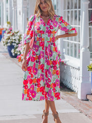 Rose Vibrant Floral Print V Neck Zip Up Puffy Half Sleeve Dress - Miniatuur
