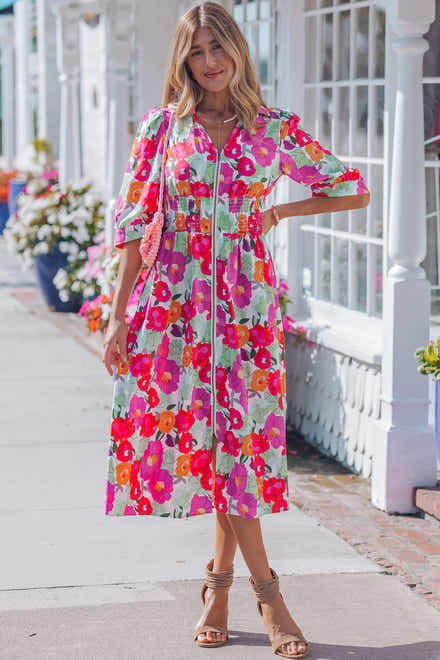 Vestito a mezza maniche con scollo floreale vibrante rosa con scollo a V e cerniera
