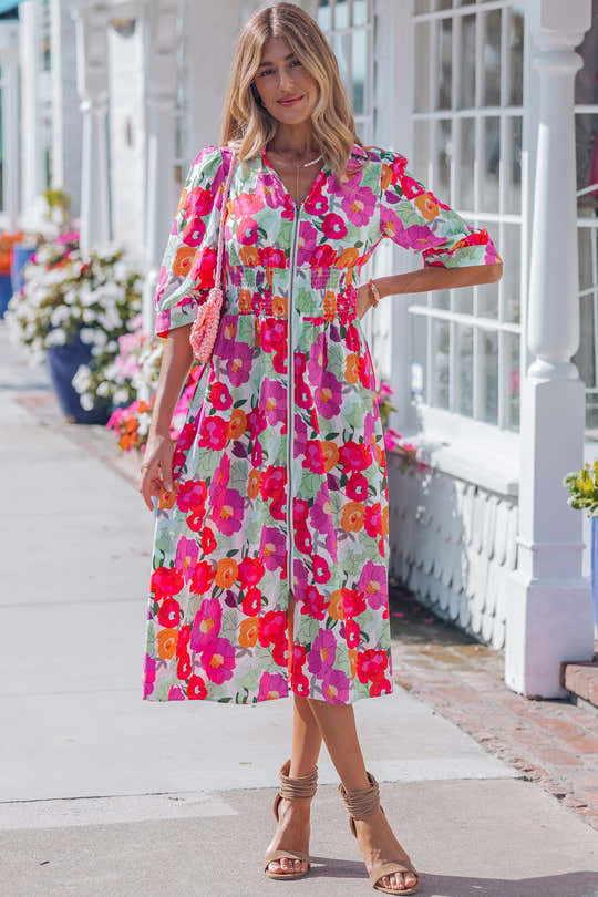Rose Vibrant Floral Print V Neck Zip Up Puffy Half Sleeve Dress