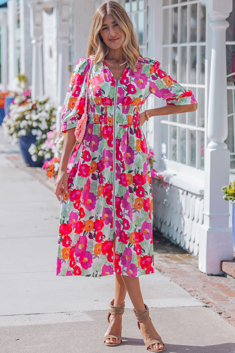 Rose Vibrant Floral Print V-Hals Reißverschluss Puffy Hallefärmel Kleed - Damesmode