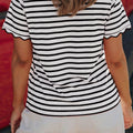 Black Stripe Scalloped Trim Round Neck T Shirt - Damesmode Afbeelding 2 - Foto 2