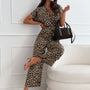 Leopard Print Short Sleeve Wide Leg Jumpsuit