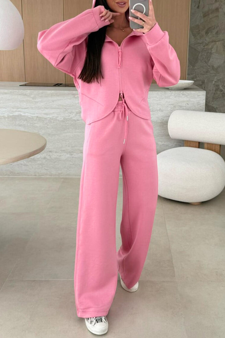 Pink Solid Color Zip Up Hoodie Drawstring Loose Pants Set - Damesmode