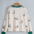 Beige Twisted Ribbed Duck Print Crewneck Casual Pullover Top - Damesmode Afbeelding 4 - Foto 4