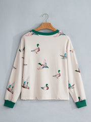 Beige Twisted Ribbed Duck Print Crewneck Casual Pullover Top - Damesmode Afbeelding 4 - Miniatuur