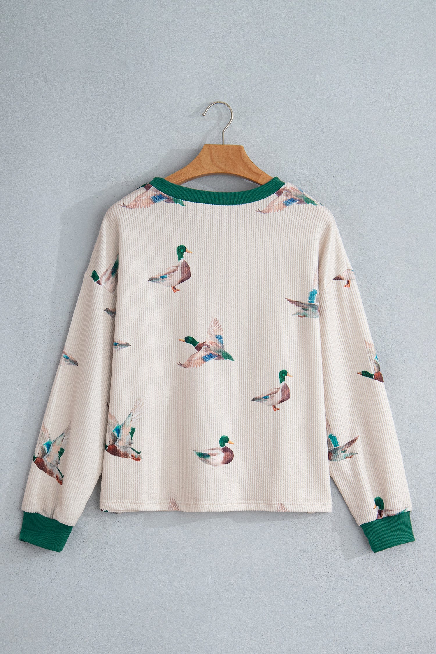 Beige Twisted Ribbed Duck Print Crewneck Casual Pullover Top - Women's Fashion Image 4