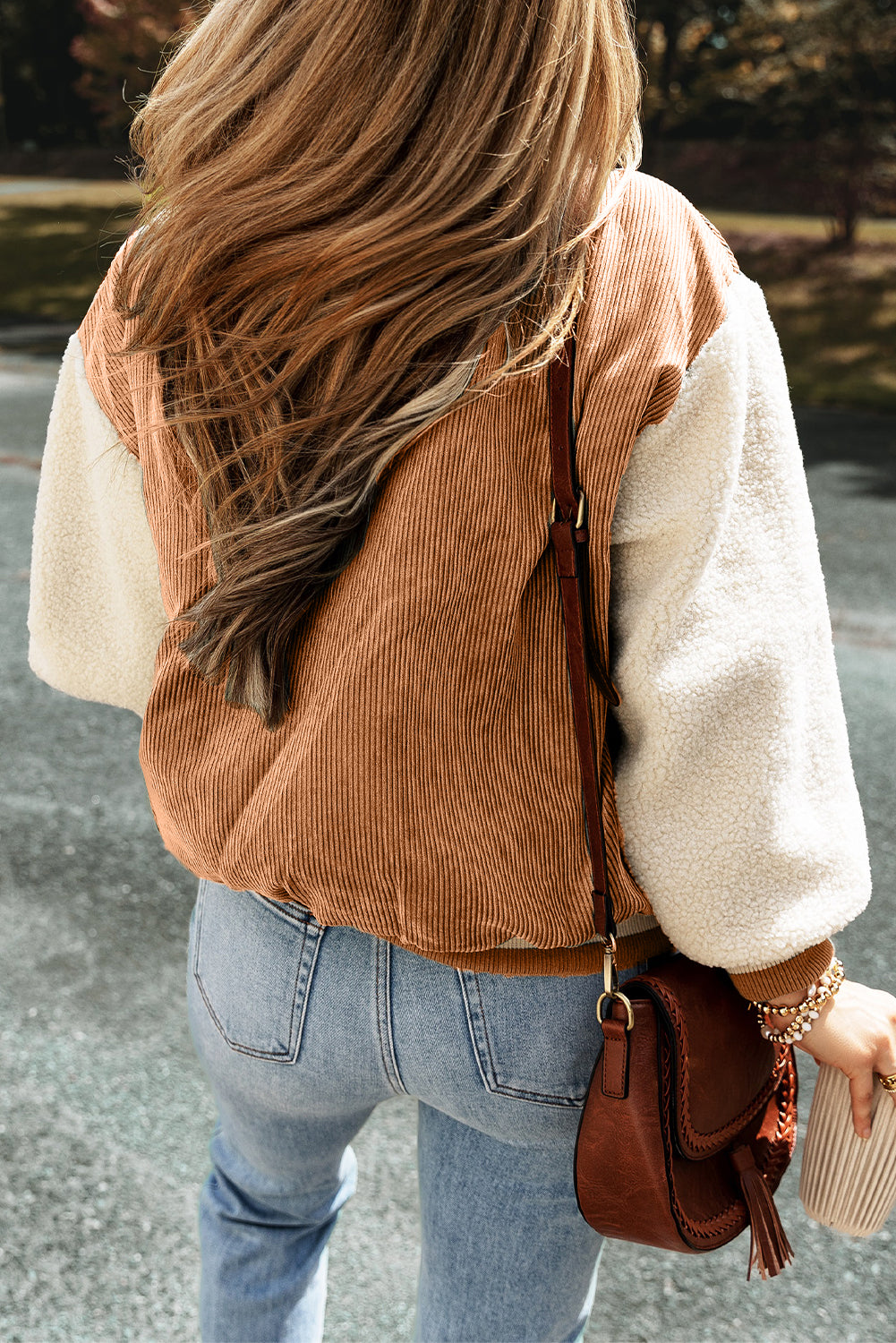 Nebelgrüne Cord-Fleece-Patchwork-Bomberjacke mit Knöpfen