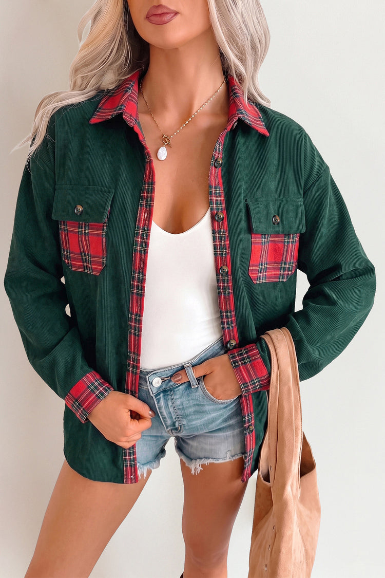 Blackish Green Plaid Pocket Button Long Sleeve Shift Shacket - Damesmode Afbeelding 1 - Damesmode