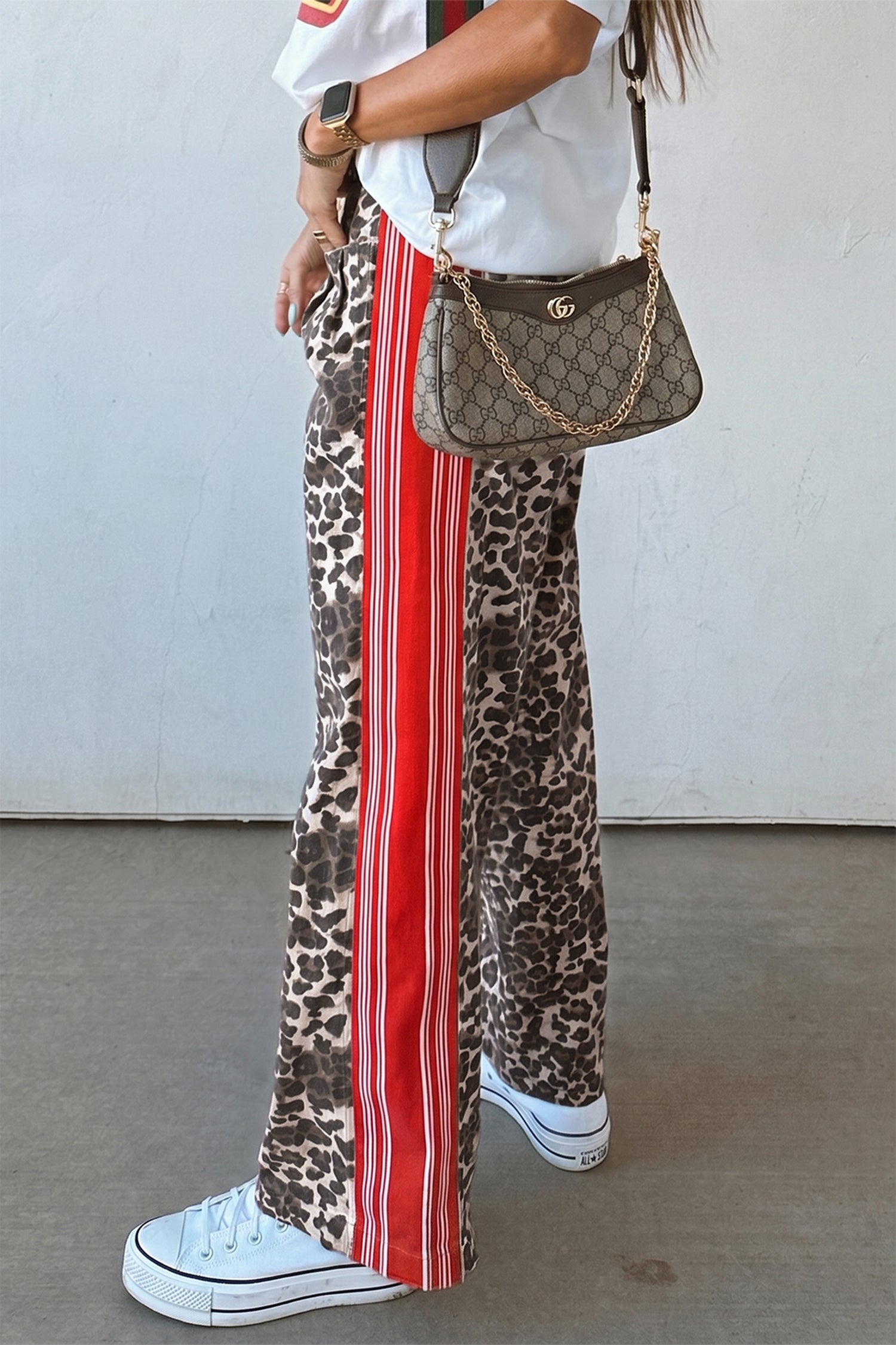 Brown Leopard Patchwork Elastic Waist Jeans - Damesmode Afbeelding 2