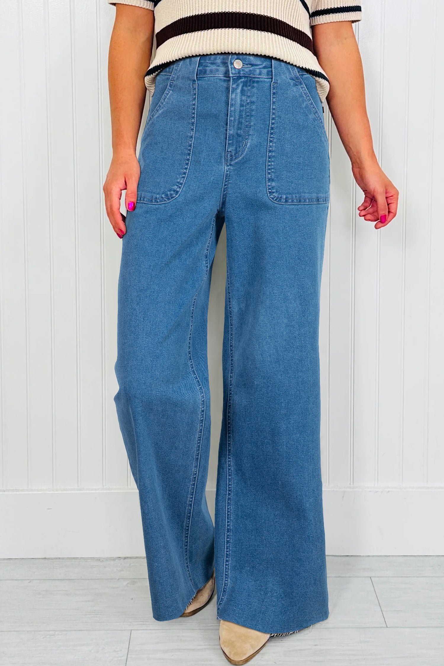 Dusk Blue Retro Washed Patch Pocket Stretchy Jeans