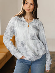 Gray Camo Leaf Print Kangaroo Pocket Quarter Zip Hoodie - Miniatuur