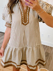 Brown Stripe Shirt Collar Color Block Patchwork Trim Ruffle Hem Short Dress - Miniatuur
