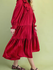 Racing Red Solid Color Ruffle Trim Long Sleeve Tiered Shift Midi Dress - Miniatuur