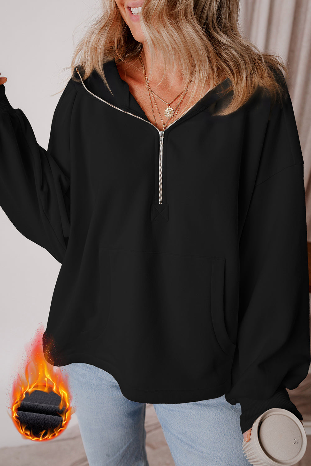 Aruba Blue Fleece Lined Half Zipper Kangaroo Pockets Loose Hoodie - Damesmode Afbeelding 7