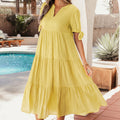 Gelbe Gingham-strukturierte Fliege mit kurzärmligem Stufen-Midi-Kleid - Foto 3