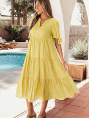 Yellow Gingham Textured Bow Tie Short Sleeve Tiered Midi Dress - Miniatuur