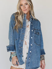 Chaqueta vaquera de manga larga estilo western, ajuste regular y remaches azul vela adornados - Miniatuur