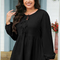 Black Solid Color Bow Tie Front Long Sleeve Plus Size Peplum Blouse - Damesmode Afbeelding 5 - Foto 5