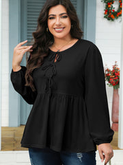 Black Solid Color Bow Tie Front Long Sleeve Plus Size Peplum Blouse - Damesmode Afbeelding 5 - Miniatuur
