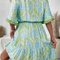 Himmelblo Blummenprint mat héijer Taille Rüsch a kuerz Äerm Mini-Kleed - Foto 2