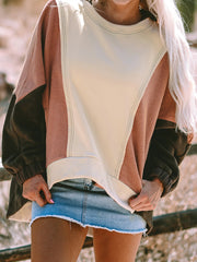 Beige, übergroßer Farbblock Patchwork High Low Hoodie – Damesmode Afbeelding 6 - Miniatuur