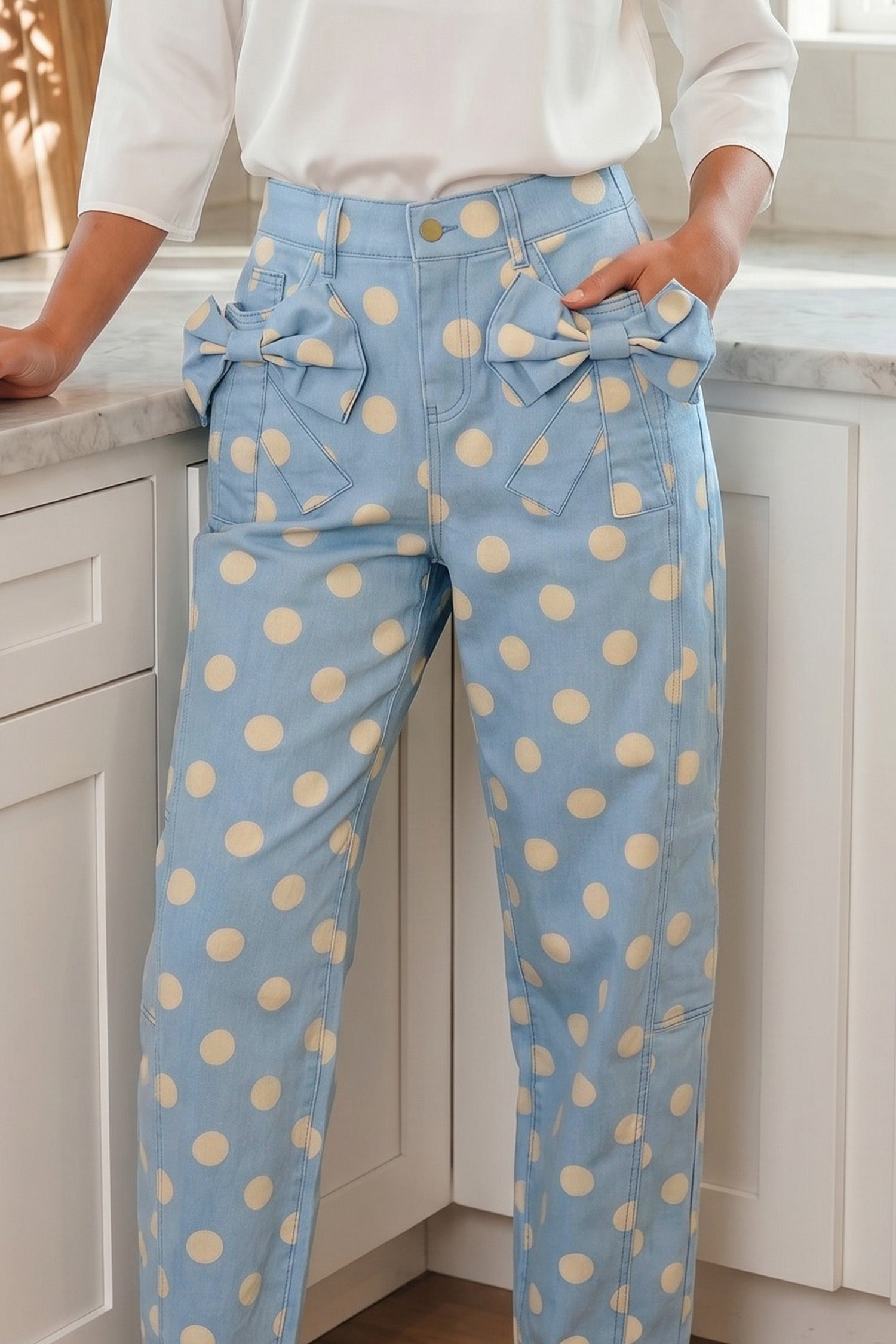 Jeans a fiocco con stampa a pois azzurro cielo con dettaglio a canna tasca