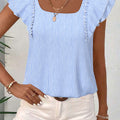 Sky Blue Stripe Square Neck Bow Decor Frilly Ruffled Short Sleeve Blouse - Foto 3