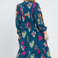 Blue Floral Print Gathered Neckline 7/8 Sleeve Casual Midi Dress - Damesmode Afbeelding 4 - Foto 4