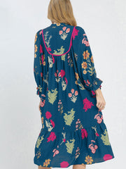 Blue Floral Print Gathered Neckline 7/8 Sleeve Casual Midi Dress - Damesmode Afbeelding 4 - Miniatuur