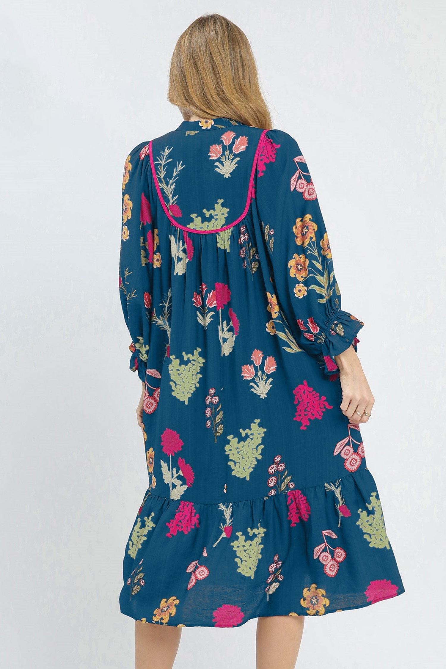 Blue Floral Print Gathered Neckline 7/8 Sleeve Casual Midi Dress - Damesmode Afbeelding 4