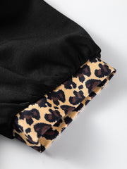Schwarzes Leopard-Patchwork mit Reißverschlusskragen und kurzem Puffärmel-Minikleid – Damesmode Afbeelding 8 - Miniatuur