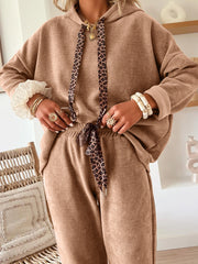 Parchment Leopard Drawstring Pullover Hoodie and High Waist Pants Corduroy Suit - Miniatuur