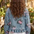Dunkelblaue Jacke mit Blumenmuster und Rüschen-Saum - Foto 2