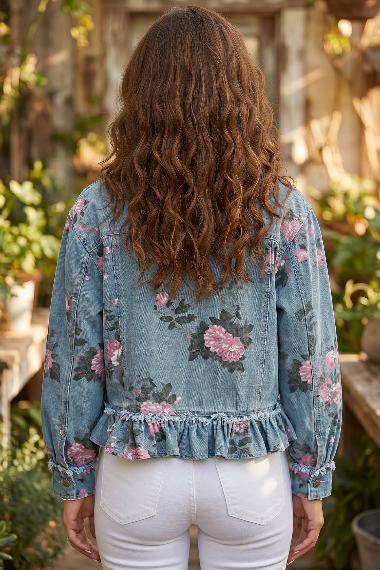Dunkelblaue Jacke mit Blumenmuster und Rüschen-Saum