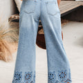 Dämmerungsblo bestickte kuerz Jeans mat breede Been, héich Taille - Foto 2
