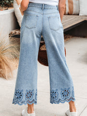 Tusmørkeblå broderede, bredbenet og højtaljede jeans - Miniatuur