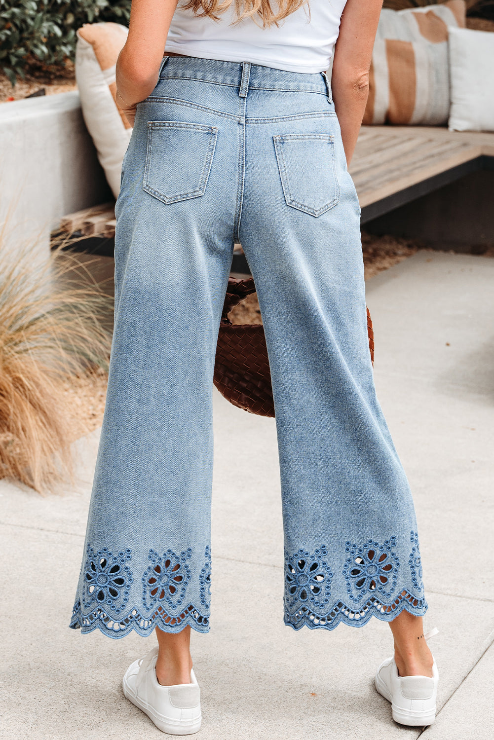 Jeans taille haute brodés à jambes larges brodés de tailles longues bleu crépuscule