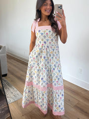 Maxikleid mit mehrfarbigem Blumenmuster und gestreiftem Knotenträger - Miniatuur