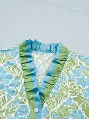 Sky Blue Botanical Floral Print Frilled Trim V Neck Button Front Loose Dress - Miniatuur