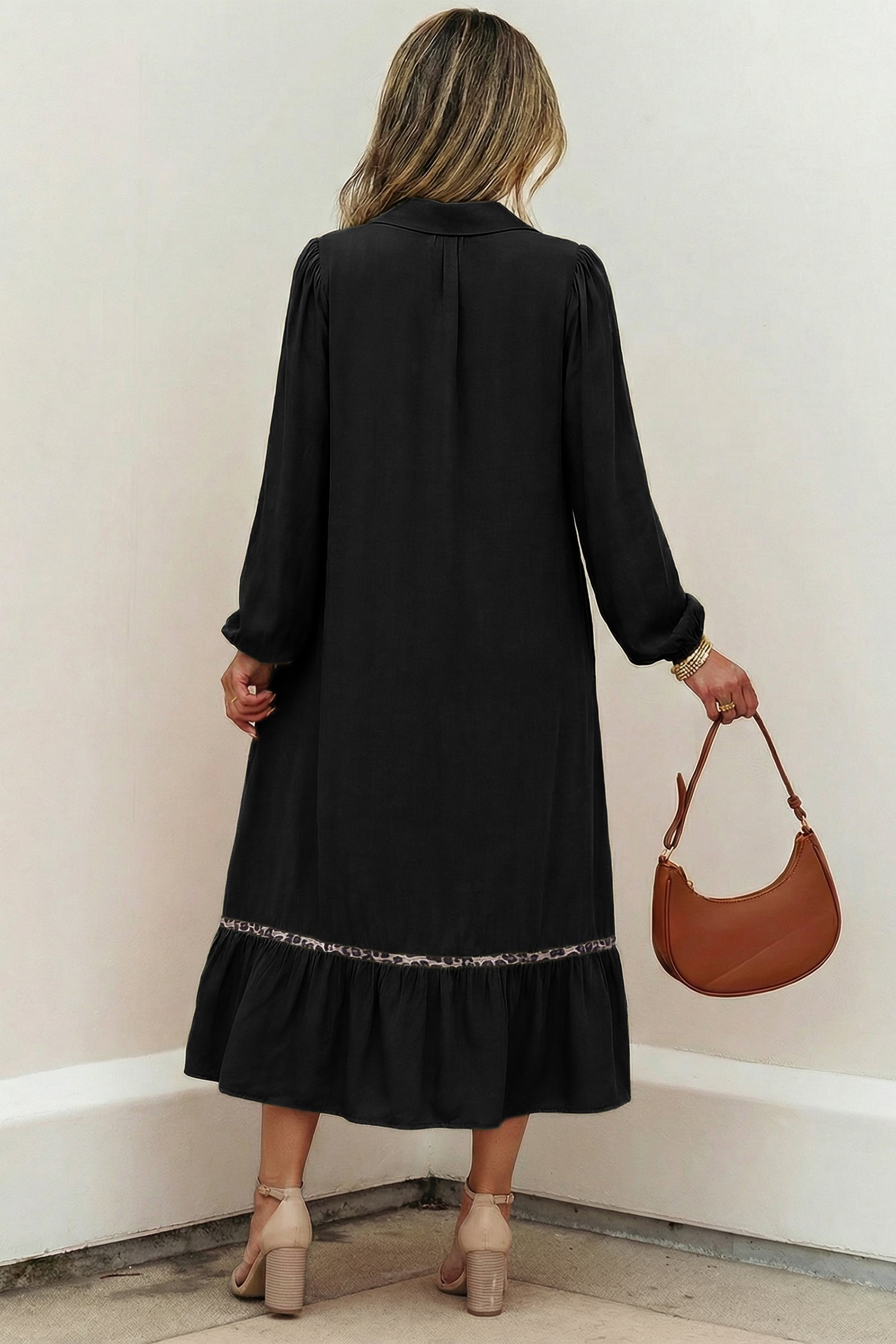 Black Collared V Neck Smocked Detail Contrast Leopard Trim Bracelet Sleeve Long Dress - Damesmode Afbeelding 2